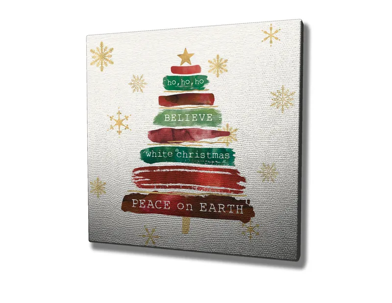 Lærredstryk 45x45 cm - Juletræ med tekst og pynt - Grøn / Rød / Brun - Boligtilbehør - Billeder & kunst - Billeder på lærred