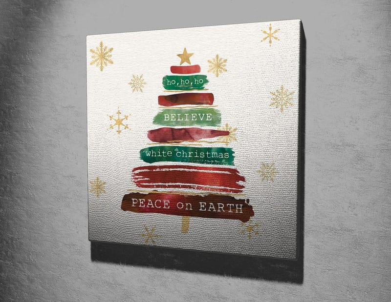 Lærredstryk 45x45 cm - Juletræ med tekst og pynt - Grøn / Rød / Brun - Boligtilbehør - Billeder & kunst - Billeder på lærred