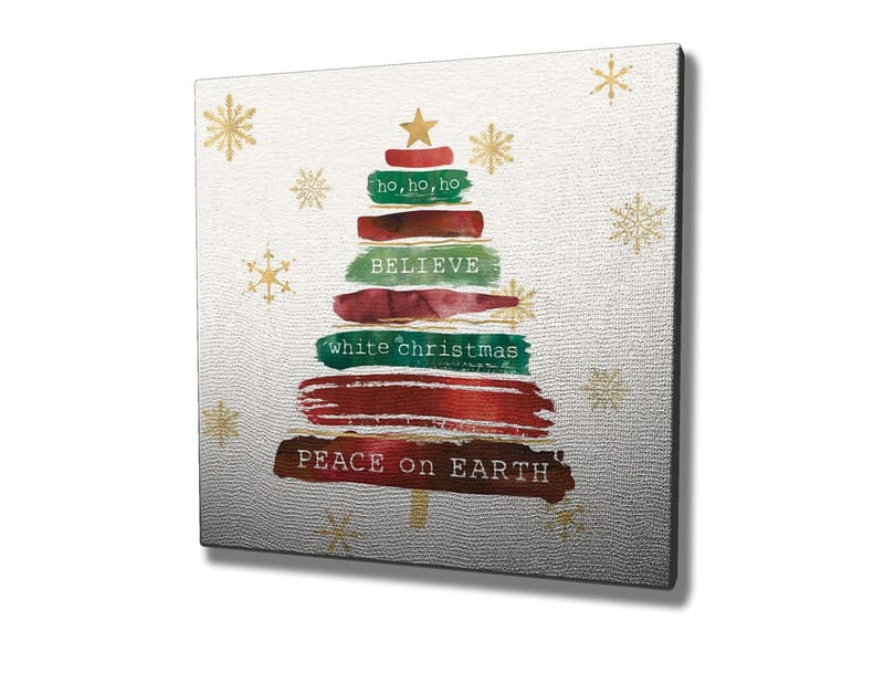 Lærredstryk 45x45 cm - Juletræ med tekst og pynt - Grøn / Rød / Brun - Boligtilbehør - Billeder & kunst - Billeder på lærred