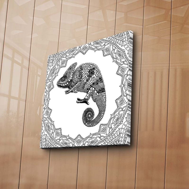 Lærredstryk 45x45 cm - Kamæleon i detaljeret sort-hvid stil - Sort / Hvid - Boligtilbehør - Billeder & kunst - Billeder på lærred