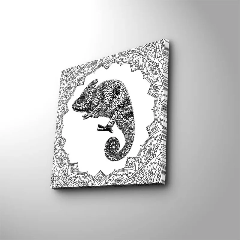 Lærredstryk 45x45 cm - Kamæleon i detaljeret sort-hvid stil, Sort / Hvid