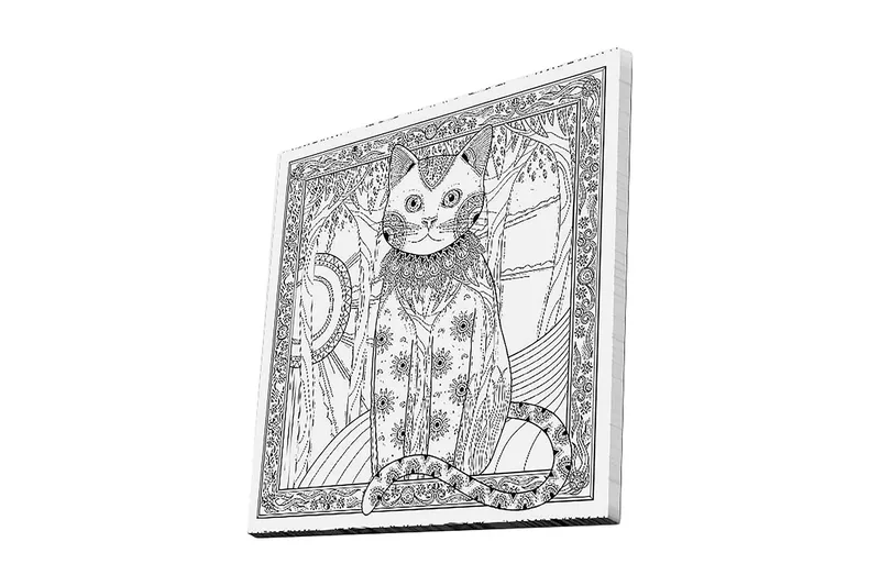 Lærredstryk 45x45 cm - Kat med detaljeret mønster og ornamentik, Sort / Hvid