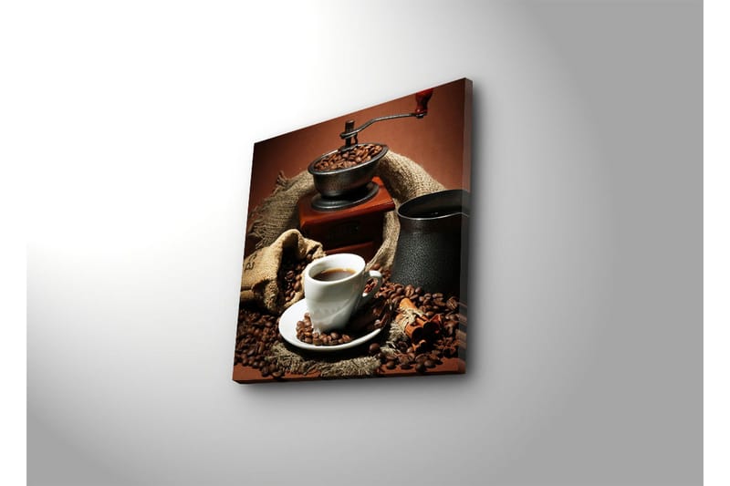 Lærredstryk 45x45 cm - Kop friskbrygget kaffe omgivet af kaffebønner og en kaffekværn - Mørkebrun / Sort / Beige - Boligtilbehør - Billeder & kunst - Billeder på lærred