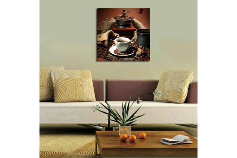 Lærredstryk 45x45 cm - Kop friskbrygget kaffe omgivet af kaffebønner og en kaffekværn - Mørkebrun / Sort / Beige - Boligtilbehør - Billeder & kunst - Billeder på lærred