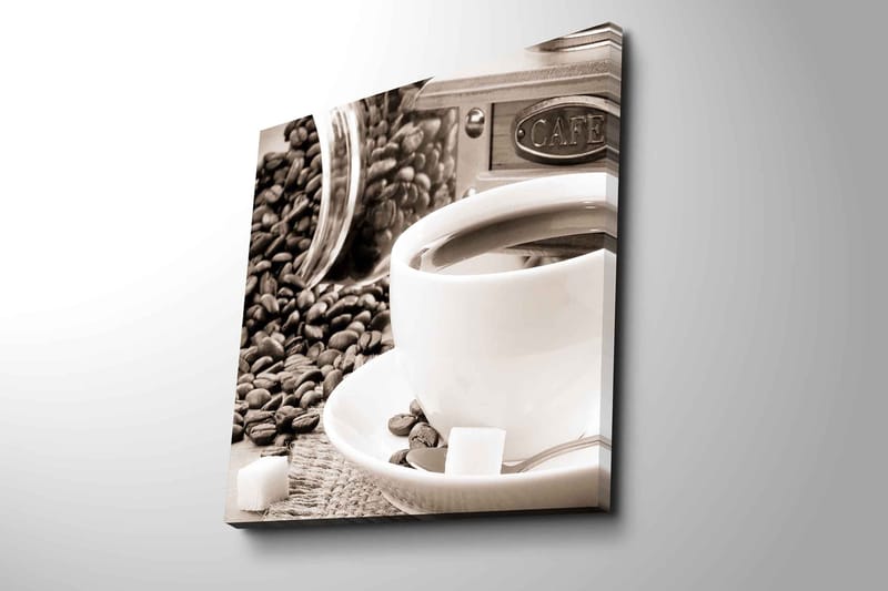 Lærredstryk 45x45 cm - Kop kaffe omgivet af kaffebønner og sukkerknalder - Brun / Hvid / Grå - Boligtilbehør - Billeder & kunst - Billeder på lærred