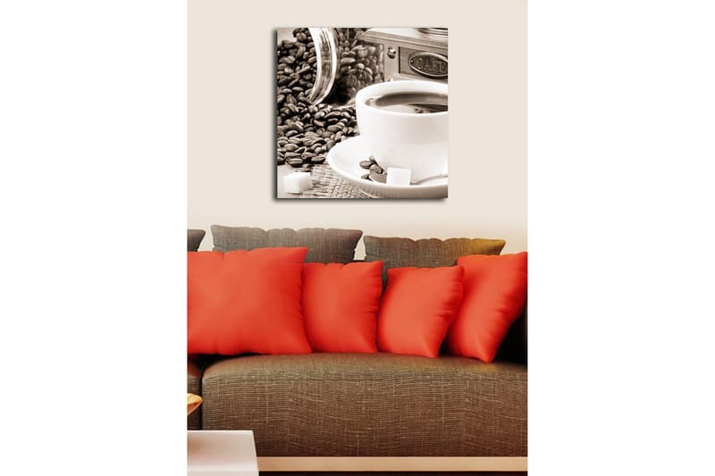 Lærredstryk 45x45 cm - Kop kaffe omgivet af kaffebønner og sukkerknalder - Brun / Hvid / Grå - Boligtilbehør - Billeder & kunst - Billeder på lærred