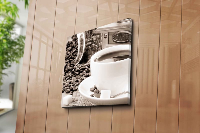 Lærredstryk 45x45 cm - Kop kaffe omgivet af kaffebønner og sukkerknalder - Brun / Hvid / Grå - Boligtilbehør - Billeder & kunst - Billeder på lærred