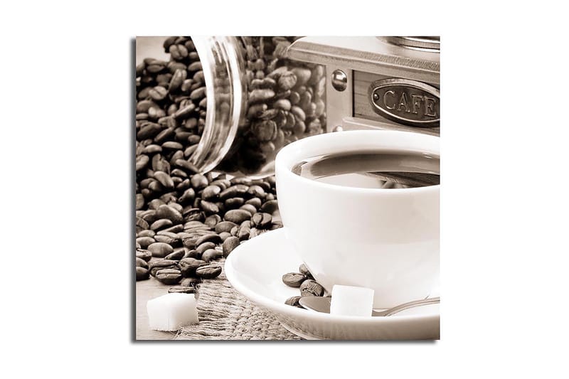 Lærredstryk 45x45 cm - Kop kaffe omgivet af kaffebønner og sukkerknalder, Brun / Hvid / Grå