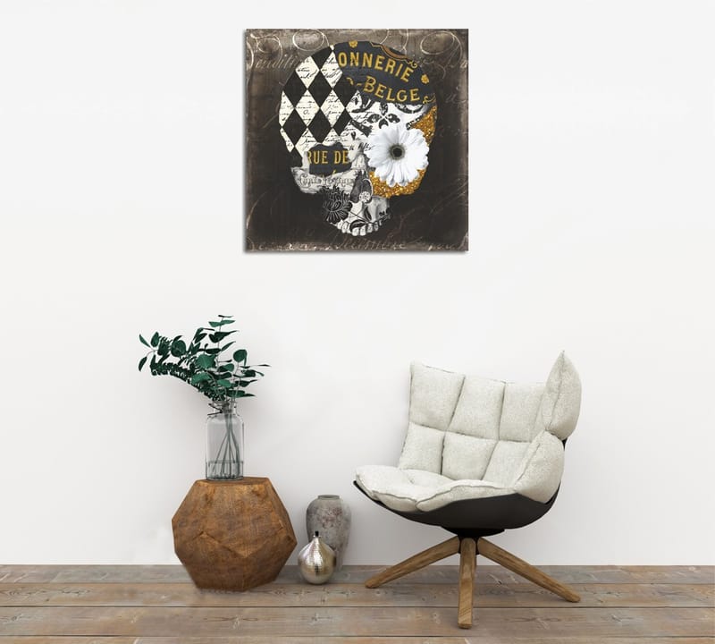 Lærredstryk 45x45 cm - Kranie med blomster og geometriske mønstre, Sort / Hvid / Gul