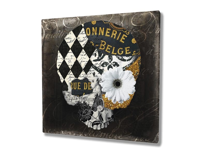 Lærredstryk 45x45 cm - Kranie med blomster og geometriske mønstre - Sort / Hvid / Gul - Boligtilbehør - Billeder & kunst - Billeder på lærred