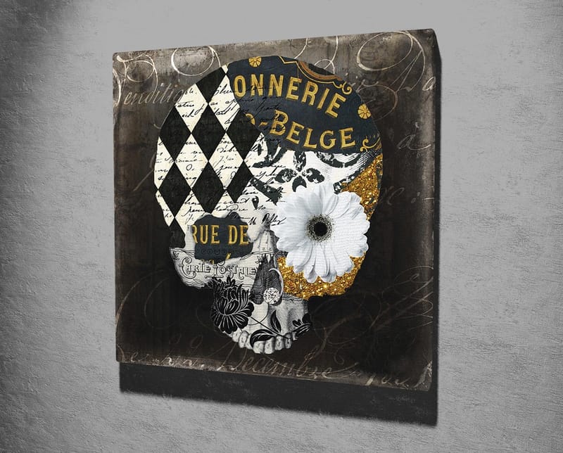 Lærredstryk 45x45 cm - Kranie med blomster og geometriske mønstre - Sort / Hvid / Gul - Boligtilbehør - Billeder & kunst - Billeder på lærred