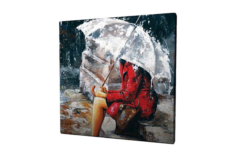 Lærredstryk 45x45 cm - Kvinde i rød frakke siddende under en paraply i regnvejr, Rød / Grå / Beige