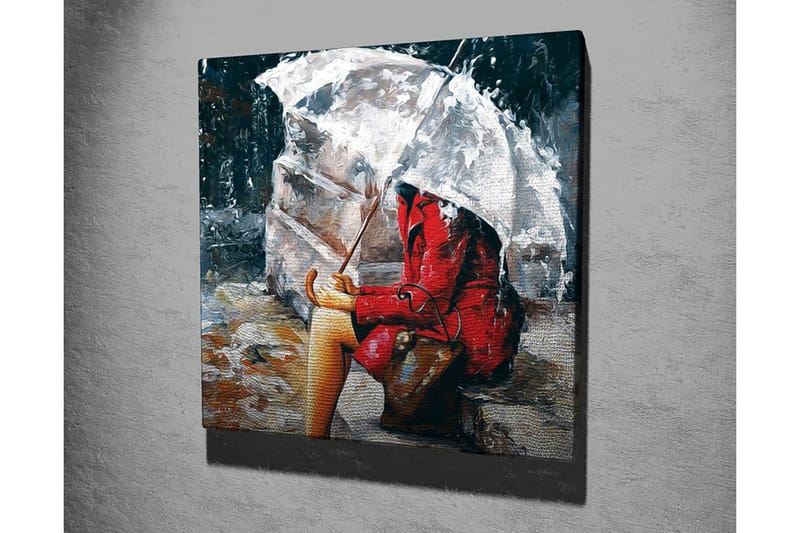 Lærredstryk 45x45 cm - Kvinde i rød frakke siddende under en paraply i regnvejr - Rød / Grå / Beige - Boligtilbehør - Billeder & kunst - Billeder på lærred