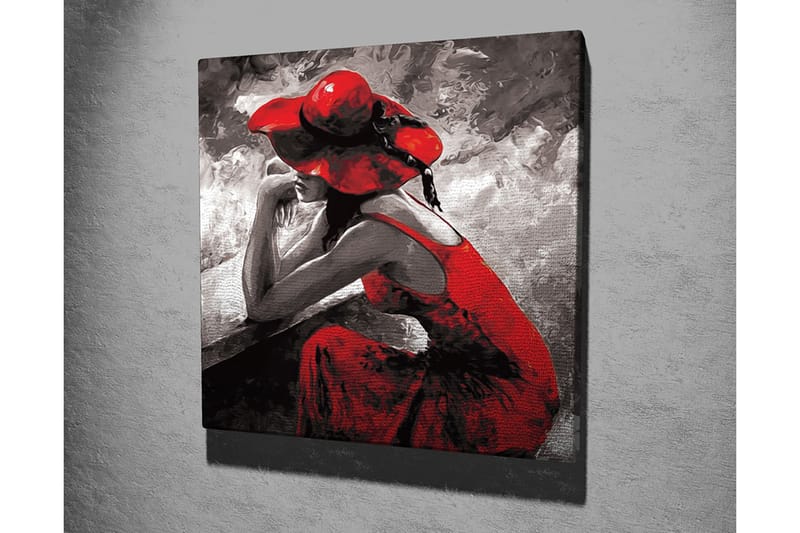 Lærredstryk 45x45 cm - Kvindefigur i rød kjole og hat sidder eftertænksomt - Rød / Sort / Grå - Boligtilbehør - Billeder & kunst - Billeder på lærred