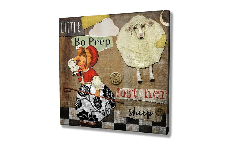 Lærredstryk 45x45 cm - Legesyg scene med en pige, der leder efter sine får - Beige / Sort / Rød - Boligtilbehør - Billeder & kunst - Billeder på lærred