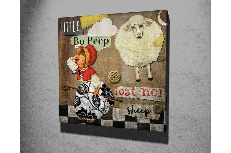 Lærredstryk 45x45 cm - Legesyg scene med en pige, der leder efter sine får - Beige / Sort / Rød - Boligtilbehør - Billeder & kunst - Billeder på lærred