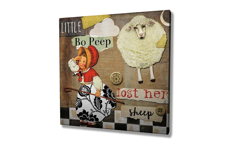 Lærredstryk 45x45 cm - Legesyg scene med en pige, der leder efter sine får - Beige / Sort / Rød - Boligtilbehør - Billeder & kunst - Billeder på lærred