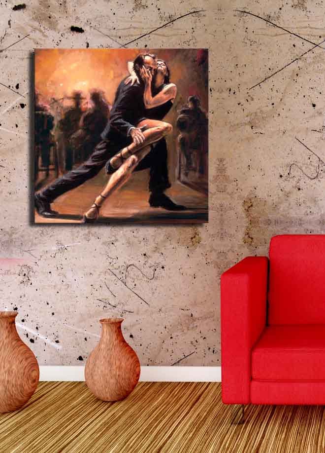 Lærredstryk 45x45 cm - Lidenskabelig tango mellem to dansere - Mørkerød / Sort / Beige - Boligtilbehør - Billeder & kunst - Billeder på lærred
