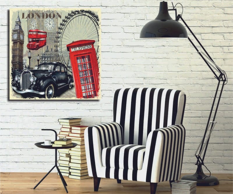 Lærredstryk 45x45 cm - London-inspireret byscene med en rød telefonboks og en klassisk bil, Rød / Sort / Beige