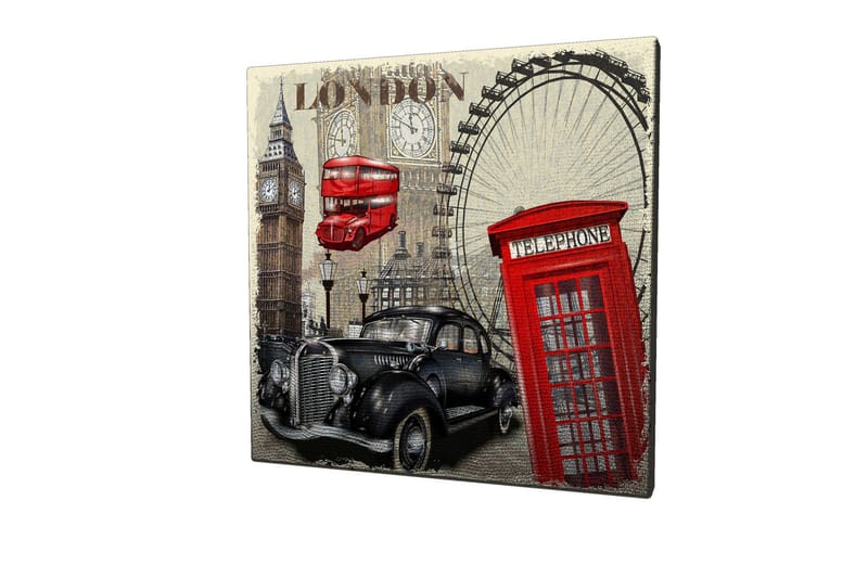 Lærredstryk 45x45 cm - London-inspireret byscene med en rød telefonboks og en klassisk bil - Rød / Sort / Beige - Boligtilbehør - Billeder & kunst - Billeder på lærred