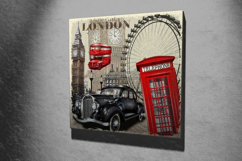 Lærredstryk 45x45 cm - London-inspireret byscene med en rød telefonboks og en klassisk bil - Rød / Sort / Beige - Boligtilbehør - Billeder & kunst - Billeder på lærred