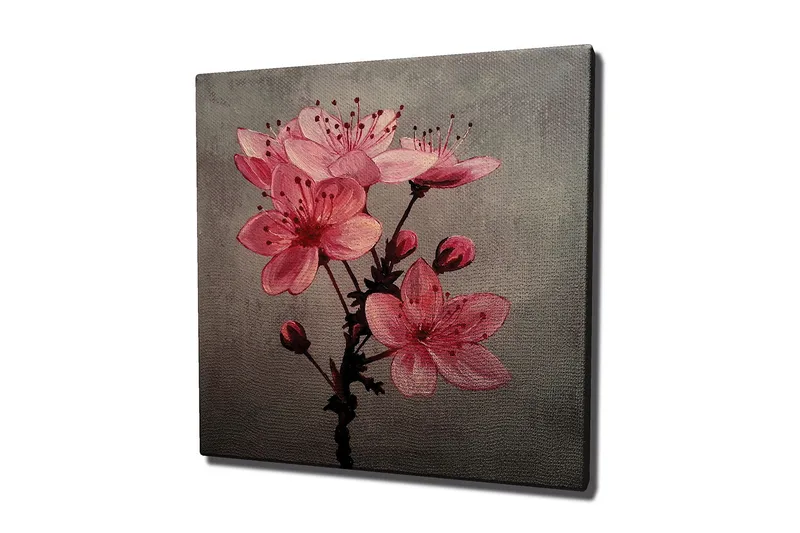 Lærredstryk 45x45 cm - Lyserøde blomster med knopper på en grå baggrund, Lyserød / Grå