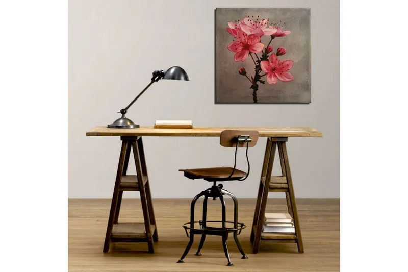 Lærredstryk 45x45 cm - Lyserøde blomster med knopper på en grå baggrund - Lyserød / Grå - Boligtilbehør - Billeder & kunst - Billeder på lærred