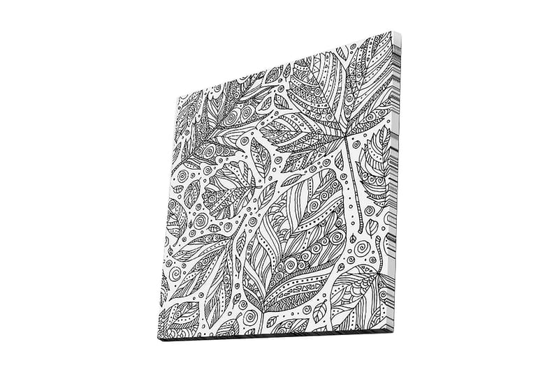 Lærredstryk 45x45 cm - Mønster af detaljerede blade og spiraler, Sort / Hvid