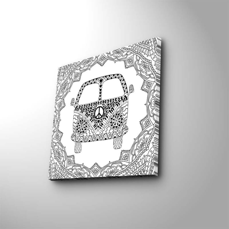 Lærredstryk 45x45 cm - Mønstret bil med fredssymbol omgivet af dekorative former - Sort / Hvid - Boligtilbehør - Billeder & kunst - Billeder på lærred
