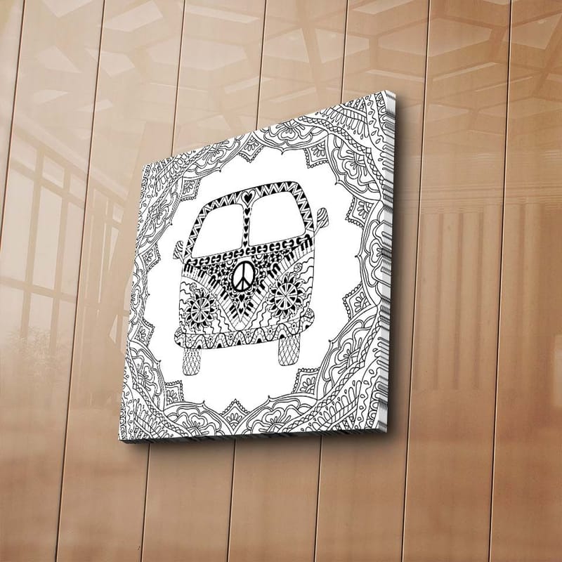 Lærredstryk 45x45 cm - Mønstret bil med fredssymbol omgivet af dekorative former - Sort / Hvid - Boligtilbehør - Billeder & kunst - Billeder på lærred