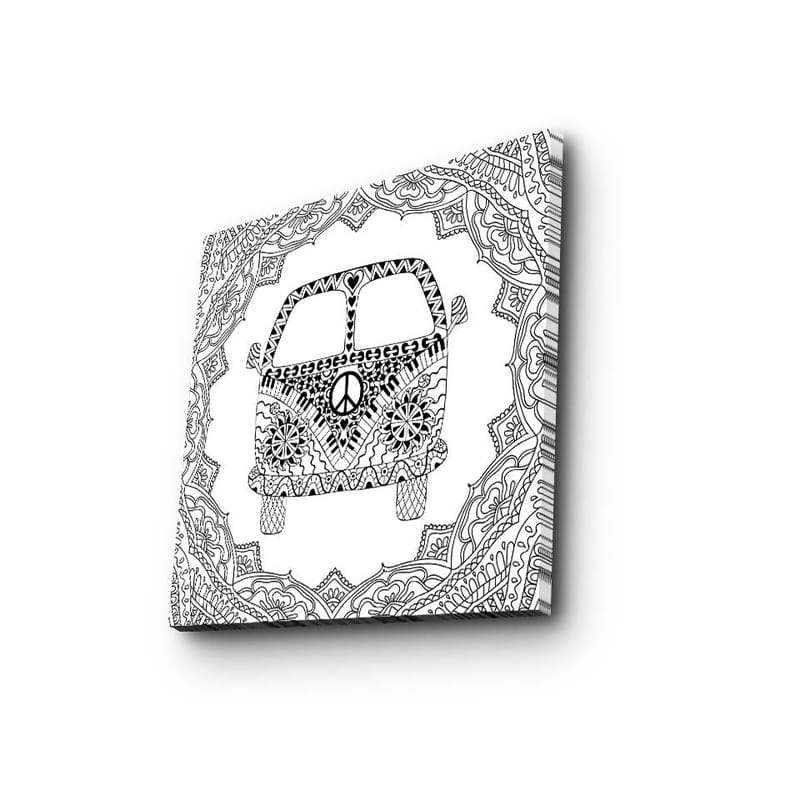 Lærredstryk 45x45 cm - Mønstret bil med fredssymbol omgivet af dekorative former, Sort / Hvid