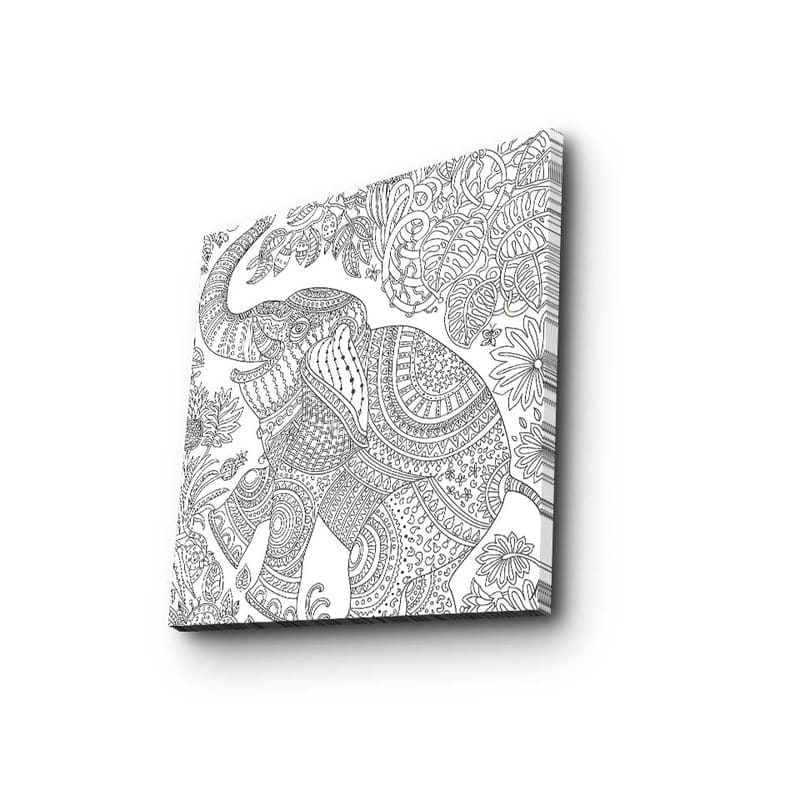 Lærredstryk 45x45 cm - Mønstret elefant omgivet af blomster og blade, Sort / Hvid