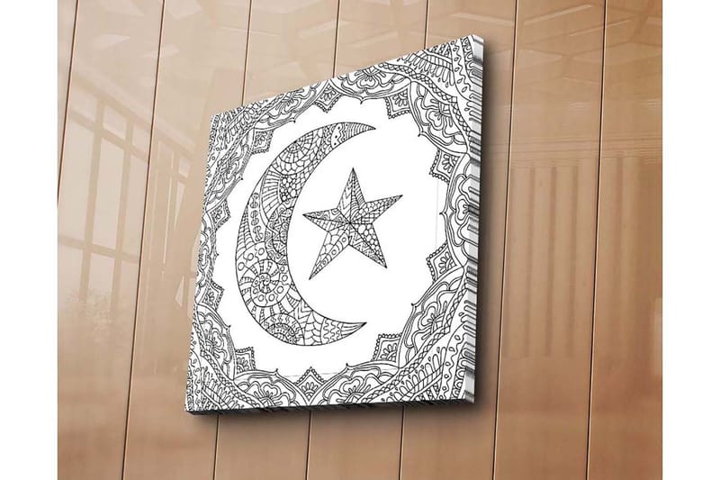 Lærredstryk 45x45 cm - Mønstret halvmåne og stjerne i en dekorativ ramme - Sort / Hvid - Boligtilbehør - Billeder & kunst - Billeder på lærred