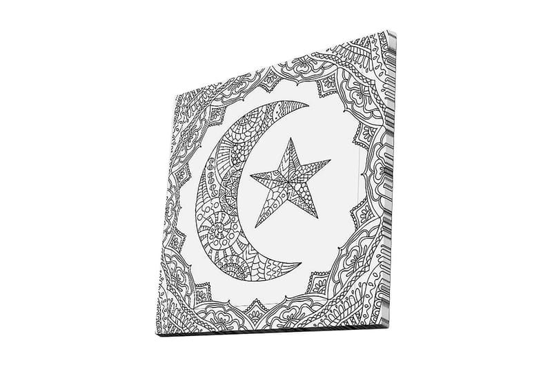 Lærredstryk 45x45 cm - Mønstret halvmåne og stjerne i en dekorativ ramme, Sort / Hvid
