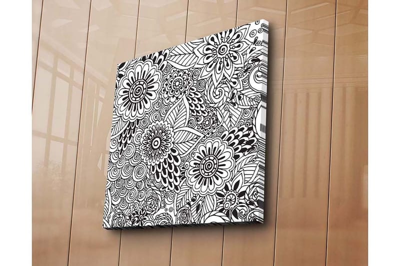 Lærredstryk 45x45 cm - Mønstret komposition af blomster og blade, Sort / Hvid
