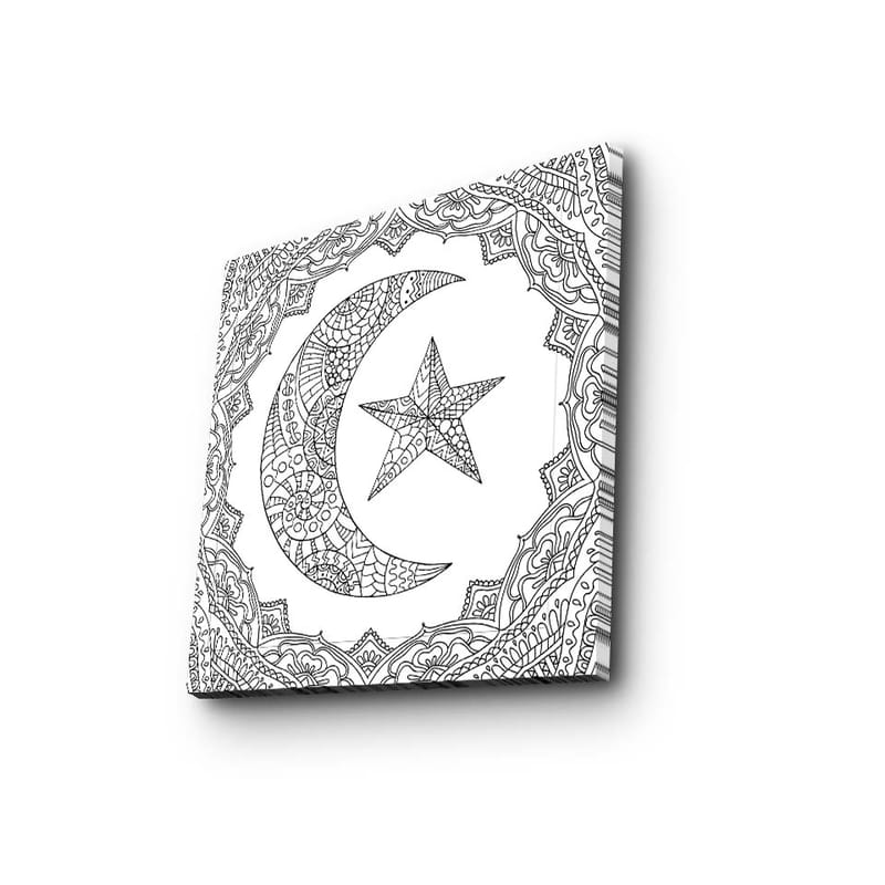 Lærredstryk 45x45 cm - Mønstret måne og stjerne i en dekorativ ramme - Sort / Hvid - Boligtilbehør - Billeder & kunst - Billeder på lærred