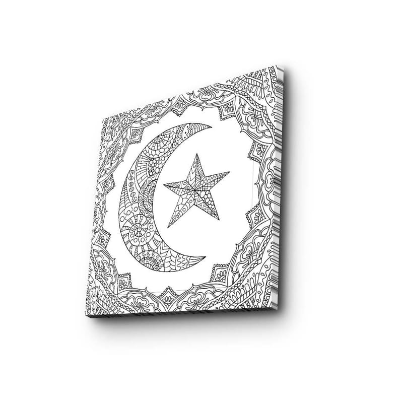 Lærredstryk 45x45 cm - Mønstret måne og stjerne i en dekorativ ramme - Sort / Hvid - Boligtilbehør - Billeder & kunst - Billeder på lærred