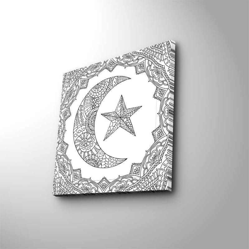Lærredstryk 45x45 cm - Mønstret måne og stjerne i en dekorativ ramme, Sort / Hvid