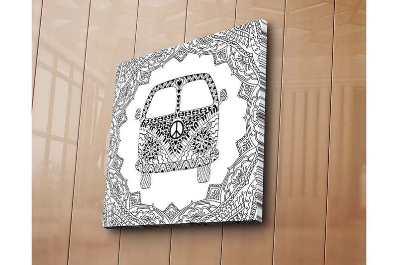 Lærredstryk 45x45 cm - Mønstret varevogn med fredssymbol i en dekorativ ramme - Sort / Hvid - Boligtilbehør - Billeder & kunst - Billeder på lærred