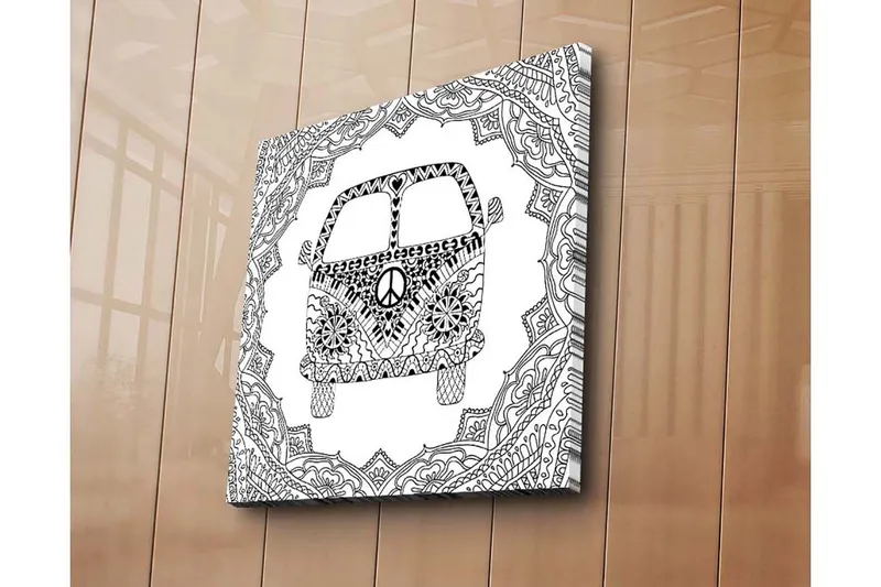 Lærredstryk 45x45 cm - Mønstret varevogn med fredssymbol i en dekorativ ramme - Sort / Hvid - Boligtilbehør - Billeder & kunst - Billeder på lærred