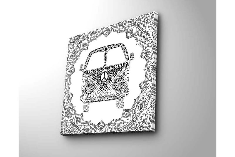 Lærredstryk 45x45 cm - Mønstret varevogn med fredssymbol i en dekorativ ramme - Sort / Hvid - Boligtilbehør - Billeder & kunst - Billeder på lærred