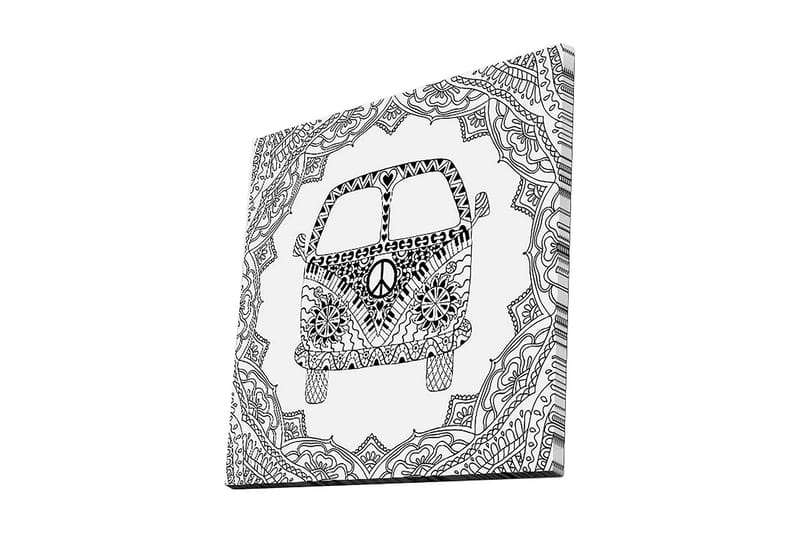 Lærredstryk 45x45 cm - Mønstret varevogn med fredssymbol i en dekorativ ramme, Sort / Hvid