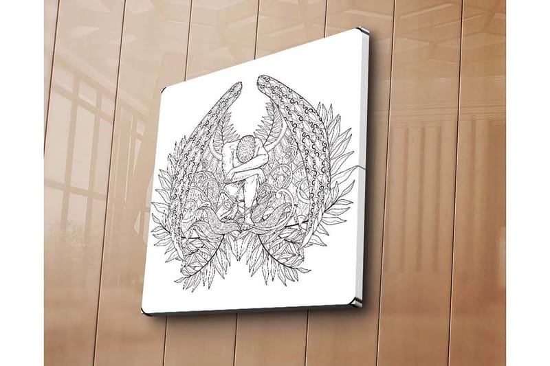 Lærredstryk 45x45 cm - Mørk og detaljeret skulptur af en siddende figur omgivet af fjer og vegetation - Sort / Hvid - Boligtilbehør - Billeder & kunst - Billeder på lærred