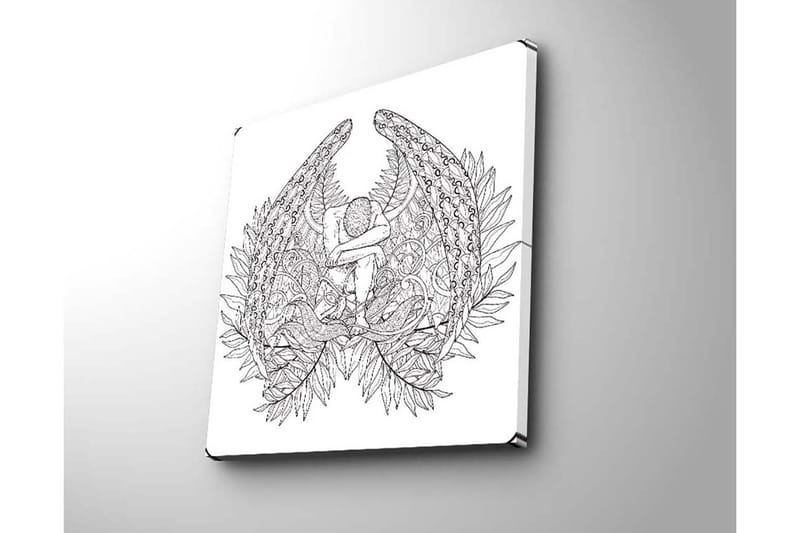 Lærredstryk 45x45 cm - Mørk og detaljeret skulptur af en siddende figur omgivet af fjer og vegetation - Sort / Hvid - Boligtilbehør - Billeder & kunst - Billeder på lærred