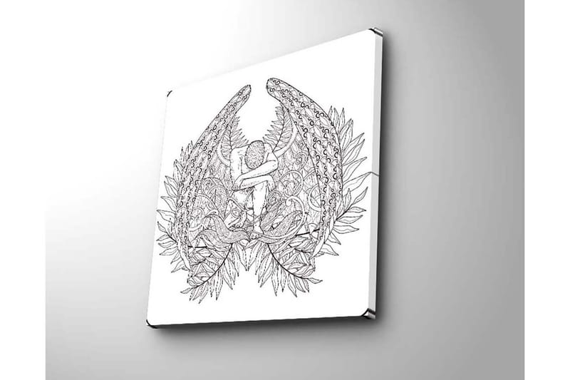 Lærredstryk 45x45 cm - Mørk og detaljeret skulptur af en siddende figur omgivet af fjer og vegetation - Sort / Hvid - Boligtilbehør - Billeder & kunst - Billeder på lærred