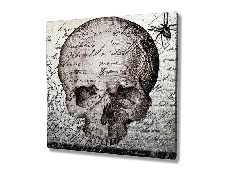 Lærredstryk 45x45 cm - Mørkt kranium med håndskrevet tekst og edderkoppemotiv - Grå / Sort / Beige - Boligtilbehør - Billeder & kunst - Billeder på lærred