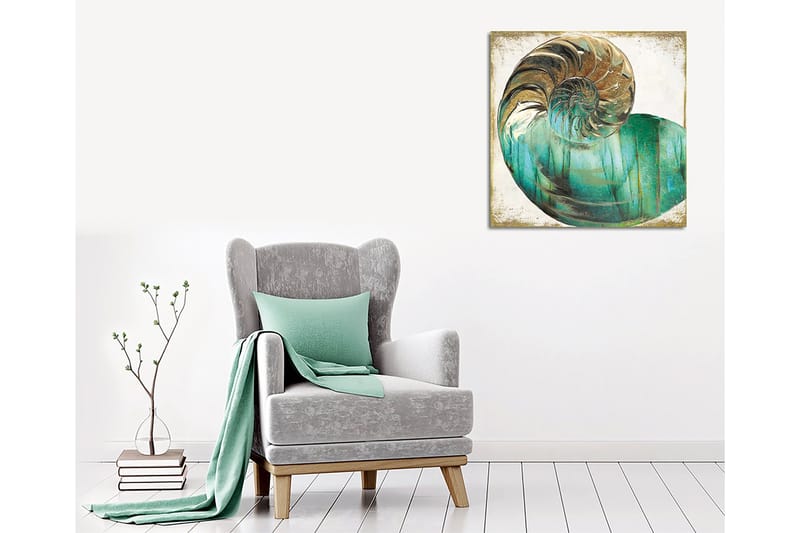 Lærredstryk 45x45 cm - Muslingeskal med spiralstruktur og turkise nuancer - Turkis / Guld / Hvid - Boligtilbehør - Billeder & kunst - Billeder på lærred