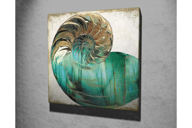 Lærredstryk 45x45 cm - Muslingeskal med spiralstruktur og turkise nuancer - Turkis / Guld / Hvid - Boligtilbehør - Billeder & kunst - Billeder på lærred