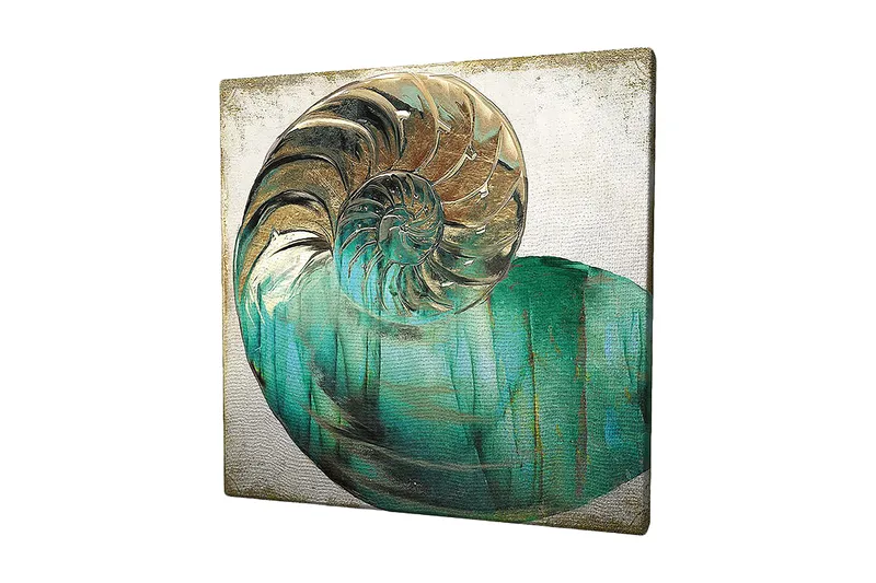 Lærredstryk 45x45 cm - Muslingeskal med spiralstruktur og turkise nuancer, Turkis / Guld / Hvid