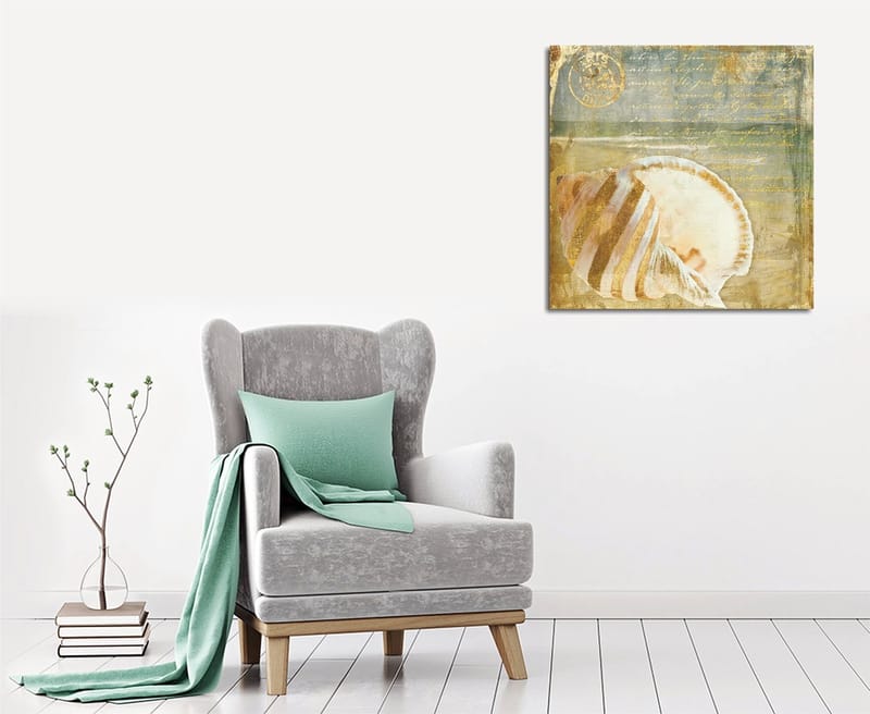 Lærredstryk 45x45 cm - Muslingeskal med subtile detaljer og teksturer, Beige / Blå / Grøn